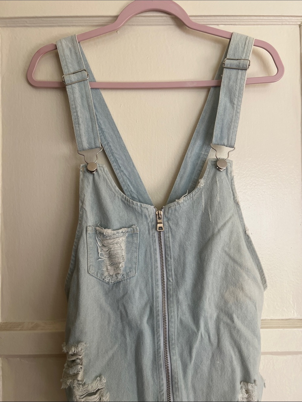 Light Wash Denim Overall Dress with Front Zipper